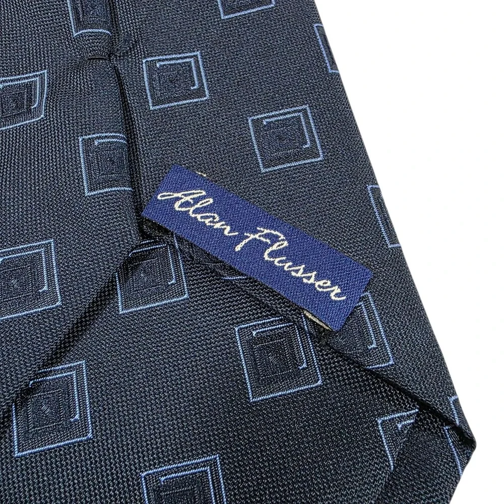 Alan Flusser‎ Mens Silk Necktie Square Pattern Blue Handmade Luxury Formal